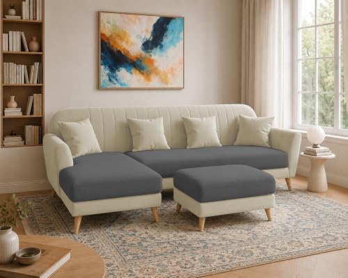 Image of Atticus LHS 6 Seater L Shape Sofa Set with Ottoman Living Room (Cream Black Colour Fabric) Premium Fabric Sofa Set for Living Room