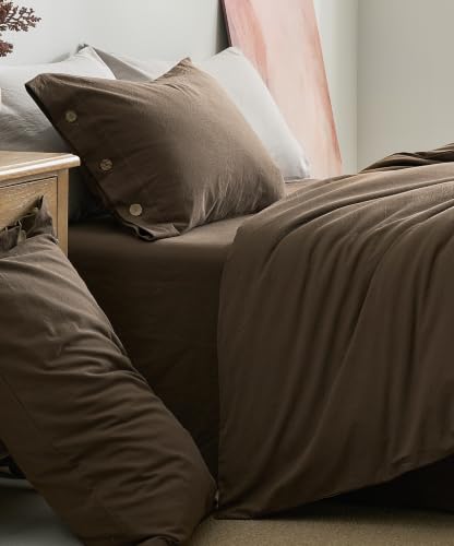Image of JELLYMONI 100% Washed Cotton Brown Duvet Cover Cal King, Linen-Like