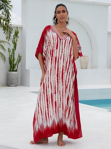 Image of KECVOT Kaftan Dresses for Women V-Neck Print Swimsuit Cover Up Plus Size Beach Caftan Lounge Dress