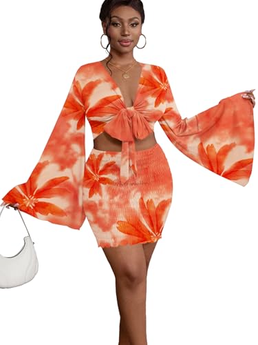 Image of LYANER Women 2 Piece Vacation Outfits Tie Knot Front Bell Long Sleeve Crop Top and Mini Skirt Summer Set