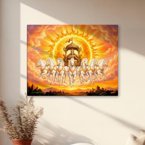 Image of ArtX Canvas Surya Dev With 7 Horses Painting Vastu Frame Wall Art Painting, White Running Horses With Rising Sun, Wall Decor, Multicolor, Nature, 58.0 X 45.0 cm, Set of 1