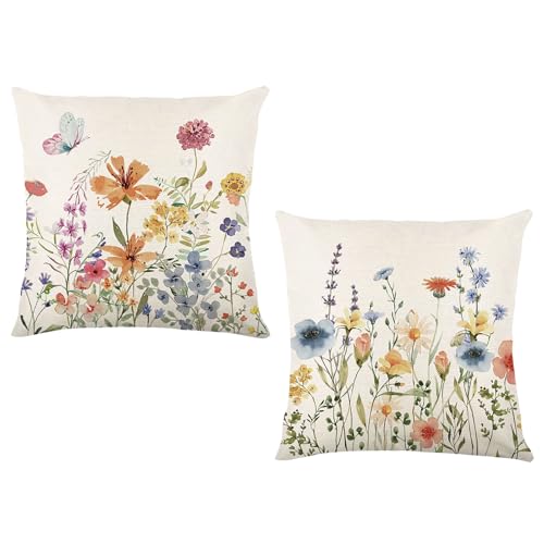 PPGGOPP Blumen Kissenbezug 45x45 cm,Set Kissenbezüge Blumen Aquarell，Set Kissenbezüge Frühling,Blume Dekorative Kissenhülle Zierkissenbezüge Dekokissen Leinen Kissenhülle für Sofa Schlafzimmer (A)