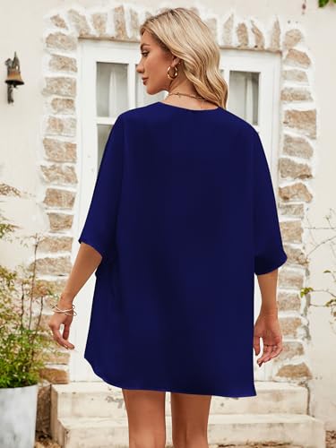 Image of Chunoy Women Loose Lightweight Chiffon Kimono Cardigan Short Sleeve Beach Wear Cover Up Blouse Top Blue Medium