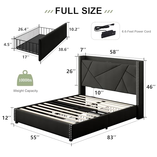 Feonase Full Size Platform Bed Frame with 4 Storage Drawers, Upholstered Wingback Bed Frame with Charging Station, Solid Wood Slats Support, Black