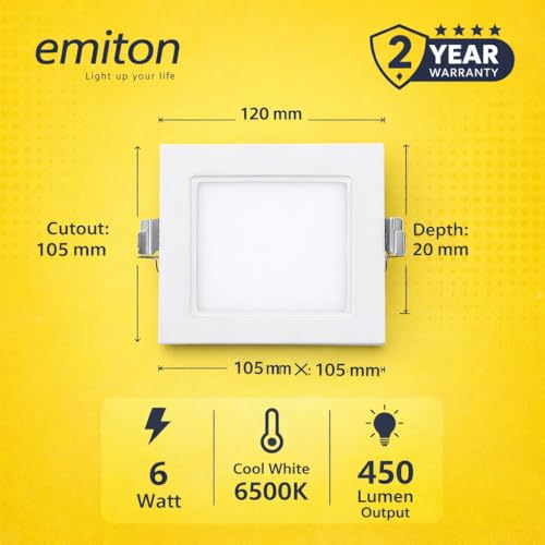 Image of EMITON LED Slim Panel Light | 6W Square Ceiling Panel Lamp | Cool White 6500K | 450Lm LED Output | Aluminium Body | Indoor False Ceiling Light for Home Office Kitchen Bathroom | White