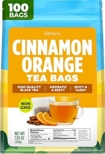 Gya Tea Co Cinnamon Orange Black Tea Bags (100 Bags) - Moderately Caffeinated Naturally Sweet Spiced Black Tea - Bold Orange And Cinnamon Blend - Medium Caffeine, No Artificial Flavors, No Added Sugar