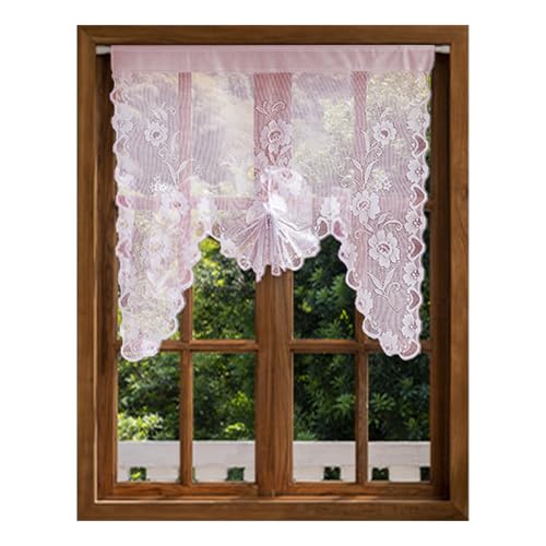 Jayla Pink Sheer Lace Valance for Kitchen Window,Half Curtain Tie Up Valance Home Deco,Rod Pocket,59 x 39 Inch,2 Pack