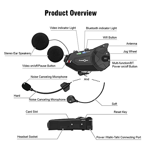 3T6B Motorcycle Bluetooth Helmet Camera Headset, R1Plus 1080P Wireless Communication Systems Ip65 Waterproof Bluetooth Intercom/1000M/6 Riders Group Intercom Fm Radio For Half-Face 3/4-Face Helmet #TOP6