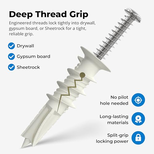#8 Self Drilling Drywall Plastic Anchors with Screws - No Pre Drill Hole Preparation Required - 75 Lbs (50 Pack)