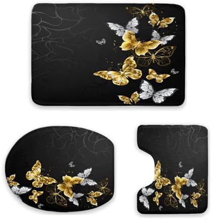 Flannel Bathroom Carpet mat 16x24inch Gold White Butterflies Black 3 Pieces Bathroom mat Carpet Toilet Cover with Non-Slip mat LJN