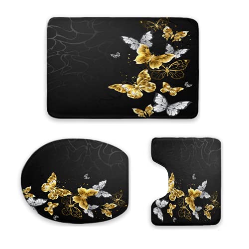 Flannel Bathroom Carpet Mat 16X24Inch Gold White Butterflies Black 3 Pieces Bathroom Mat Carpet Toilet Cover With Non-Slip Mat Ljn #TOP3