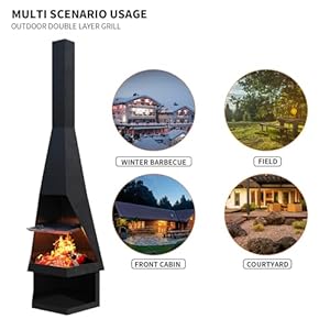 Chiminea Outdoor Fireplace 60x18in Cold Rolled Steel Wood Burning Fire Pit Patio Metal Rocket Fireplaces Free Standing Fireplace with Built in Log Storage for Garden and Backyard