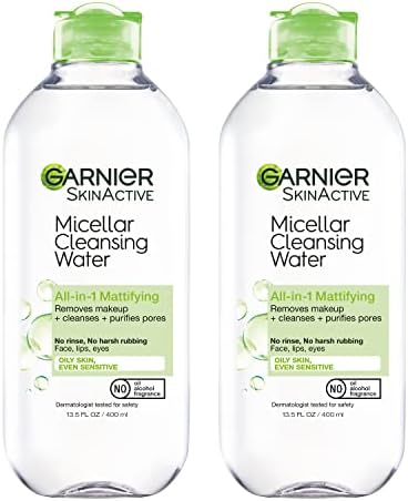 Garnier SkinActive Micellar Water for Oily Skin, Facial Cleanser & Makeup Remover, 13.5 Fl Oz (400mL) 2 Count (Packaging May Vary)