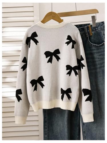 Image of BEAUDRM Girl's Cute Bow Sweater Crew Neck Long Sleeve Drop Shoulder Loose Pullover Tops