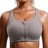 CRZ YOGA Womens Zip Front High Impact Sports Bra - Molded Cup Adjustable Convertible Straps Wireless Workout Yoga Crop Top Deep Gray 38D