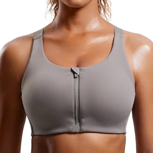 CRZ YOGA Womens Zip Front High Impact Sports Bra - Molded Cup Adjustable Convertible Straps Wireless Workout Yoga Crop Top Deep Gray 32D