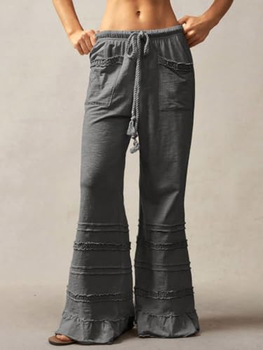 Ruffle Pants Women Wide Leg Flare Drawstring Elastic High Waisted Baggy Trousers Solid Palazzo Pants with Pockets2