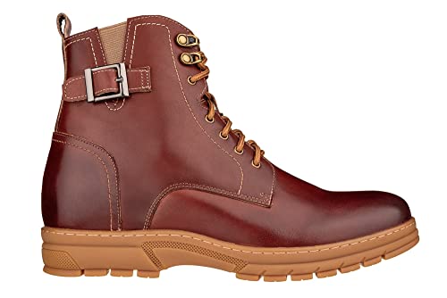 Image of TOTO Men's Invisible Height Increasing Elevator Shoes - Cordovan Dark Brown Premium Leather Lace-up Combat Style High-Top Boots - 2.8 Inches Taller - K16206 - Size 6 D(M) US