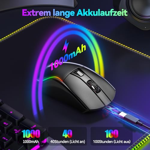 TECKNET TECKNET Gaming Maus Kabellos, RGB Wiederaufladbare Maus mit 24000 DPI, 2.4G/USB-C/Bluetooth Ergonomische Gaming Mouse mit 6 Programmierbare Tasten, 1000Hz Abfragerate, 300 IPS für PC/Mac Gamer - Funktionsansicht 5 | Tages Deals