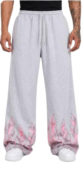 Men's Grey Casual Joggers with Pink Flame Print - Relaxed Fit Streetwear Trousers-image-43