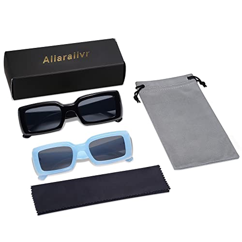 Allarallvr 2 Pack Trendy Rectangle Sunglasses For Women Men Vintage 90'S Square Shades Thick Frame Nude Sunnies Ar82002 With Black+Blue #TOP4