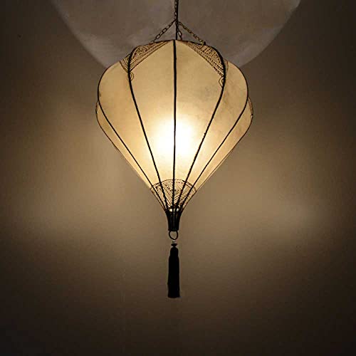 Orientalische Lampe Pendelleuchte Hängeleuchte Amir Natur Farbe Weiß 48x95 cm Groß (DxH) Lederlampe Hennalampe Lampe… – Bild 3