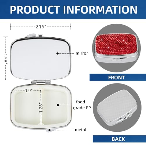 Image of Pocket Pharmacy Bling 2 Compartment Medicine Organizer Small Cute Pill Container Travel Pill Box Case for Purse Square Vitamin Holder for Pocket(Red)