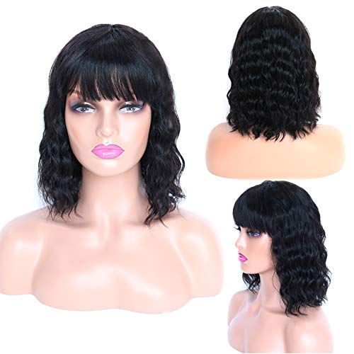 Sweetie Hair Curly Bob Human Hair Wigs with Bangs Short Loose Deep Wave Human Hair Wig for Black or White Women Natural Color Shoulder Length 12 Inch