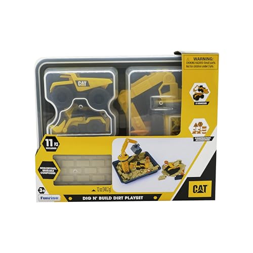 Image of CAT Dig N' Build Dirt Playset - 12 oz Moldable Dirt Compound, Working Crane, 2 Little Machines Vehicles, Construction Molds & Easy-Cleanup Tray, Sensory STEM Toy for Kids Ages 3 +