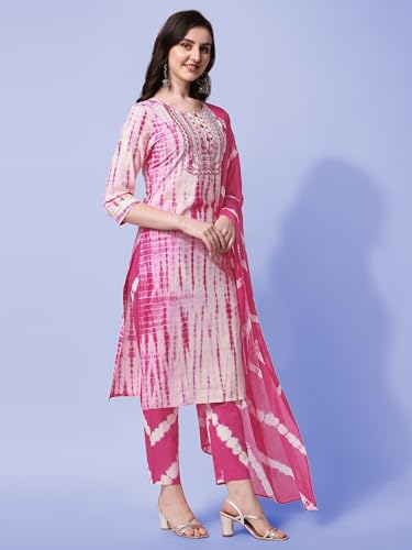 Image of MIRCHI FASHION Pure Cotton Women Straight Embellished Ajrakh Print Kurti Set with Dupatta and Pant