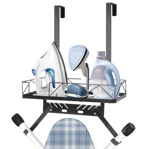Siyzda Ironing Board Hanger, Metal Over The Door or Wall Mounted Ironing Board Caddy, Ironing Board Storage Shelf with Adjustable Hooks for Laundry Room, Living Room, Bathroom (Matte Black)