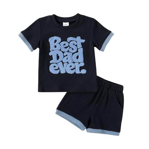 Happy Town Baby Boy Clothes Toddler Infant Summer Outfits Embroiderey Waffle Knit Shorts Set T Shirt Tees, Best Dad Ever, 18-24 Months