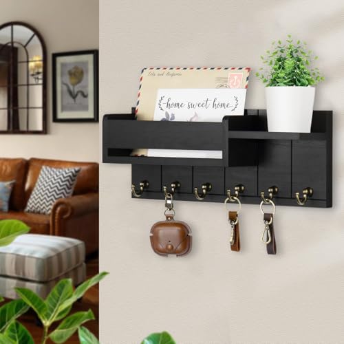 Image of Supvox Wooden Key Holder Wall Mount Rack Stylish Black for Home 12x4.8 Inch
