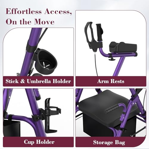 Image of Upright Rollator Walker, Heavy Duty Stand Up Walkers for Seniors with Seat and Reversible Backrest, Foldable Standing Rollator with 8 inch Anti-Slip PU Wheels, Purple