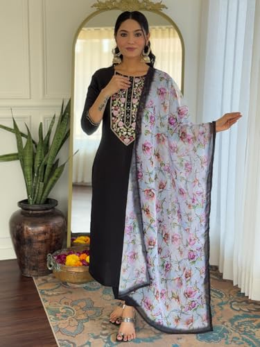 Image of Naixa Women's Black Rayon Embroidered Straight Kurta with Rayon Pant and Taby Printed Dupatta Sets (NX-673)