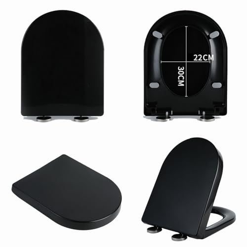 Black D Shape Soft Close Toilet Seat with Quick Release Easy Installation Top Fixing & Adjustable Hinges 36 * 46Cm