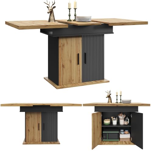 Mesa de comedor extensible de 110 a 140 cm, estilo retro con puertas moldeadas al vacío, mesa de cocina plegable para 4-6 personas con espacio de almacenamiento y estantes ajustables, color