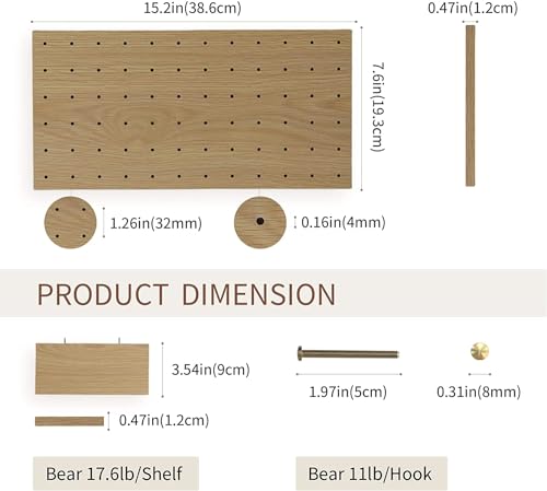 Image of Wooden Pegboard Modular Display, Grid Organizer with Shelves and Hooks, Oak - Comes with 2 Wall Hooks