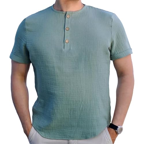 Men Round Neck Solid Casual Shirt Short Sleeve Fashion Button Exercise Top Summer Slim Fit Loose Sport T Shirt (Light Green,X-Large)
