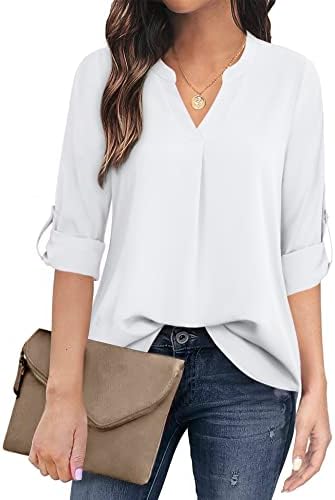 Timeson Blouses for Women,3/4 Sleeve Tunics Tops for Women Dress Shirts for Business Casual White Formal Ladies Office Work Tops V Neck Chiffon Blouse Professional Interview Spring Fall Fashion