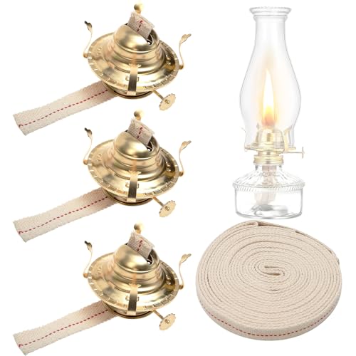 Pacify 3 Pack Oil Lamp Burner Kerosene Oil Lamp Parts Replacement #2 Brass Plated with 1 Roll 9.4FT Cotton Wick