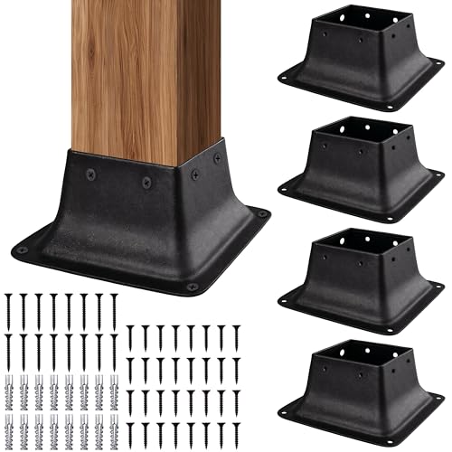 LADECH 4x4 Post Bases Sturdy Post Base Brackets & Internal Railing Anchors for 4x4 Wood Posts (3.5x3.5) Powder Coated Steel for Deck Fence Porch Handrail (4 PCS - Black)