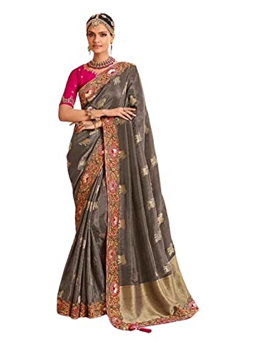 Sari indien en soie pour mariage traditionnel 7701 gris drapé parfait