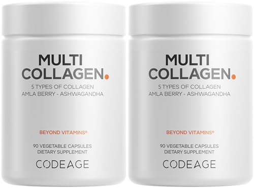 Codeage Multi Collagen Capsules 5 Types Ashwagandha Grass-Fed 2-Pack Hydrolyzed Collagen Peptides with Bone Broth Non-GMO
