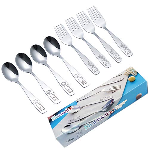 Sunwinc 8pcs Toddler Silverware Utensils Set Stainless Steel Baby Spoons Toddler Fork Kids Flatware Eating Utensils Child Cutlery Set Eco-Friendly Dishwasher Safe