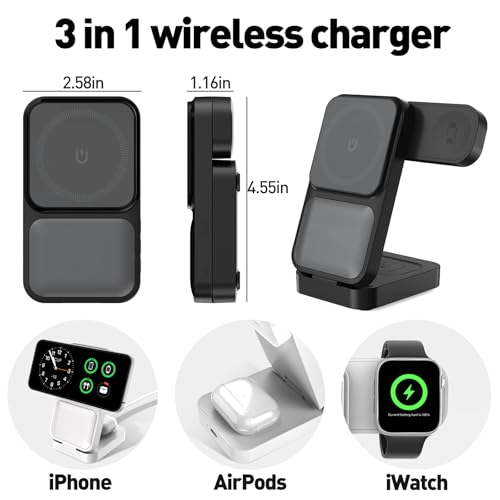 3in1 Charging Station for Apple - Foldable Wireless Charger Stand for MagSafe Portable, Travel Wireless Charger Station for Multiple Devices for iPhone 16, 15, 14, 13, Apple Watch, AirPods S1BLACK — view 2