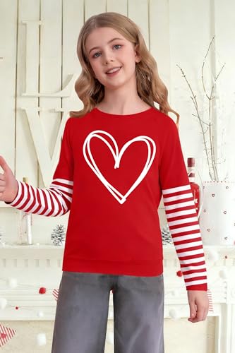 Image of LAZYCHILD Kids Valentine Shirt Girls Valentines Day Shirts Heart Graphic Long Sleeve Striped Tee Tops 5-14 Years