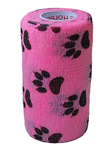 Image of Prairie Horse Supply 4 Inch Vet Wrap Tape Bulk (3 Solid Colors and Black Paw Prints on Teal, Neon Green, Neon Pink) (Pack of 6) Self Adhesive Adherent Adhering Flex Bandage Grip Roll for Dog Cat Pet