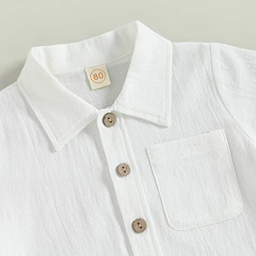 Toddler Boy Linen Shorts Outfit Button Up Short Sleeve Shirts With Pocket Solid Color Baby Boy Summer Clothes Set (White,12-18 Months) #TOP3