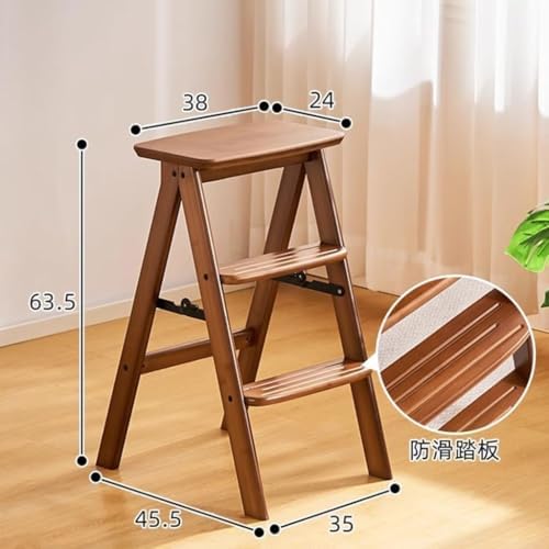 3 Step Ladder Folding Wooden Step Stool - 2-in-1 Portable Anti-Slip Foot Stool Display Storage Shelf for Home and Kitchen